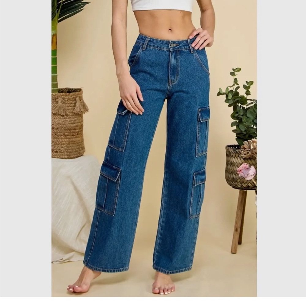 VEVERET jeans medium high rise 4 pocket cargo relax baggy fit wide leg
